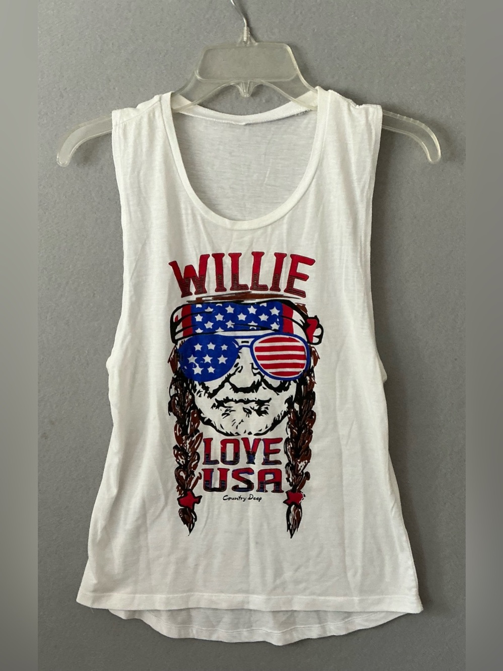 Country Deep Willie Nelson Tank Top Women Muscle Tee White USA Patriotic XS Boho